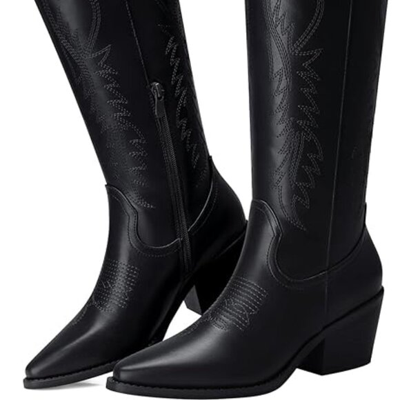 Black Cowboy Boots for Women Knee High Pointed Toe Chunky Heel Wide Calf Booties - Picture 6 of 6